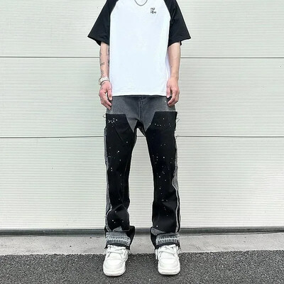 Euroopa / Ameerika retro trendikad teksad tänavastiilis Ameerika bootcut püksid splaissitud tindiga teksad meespaaridele