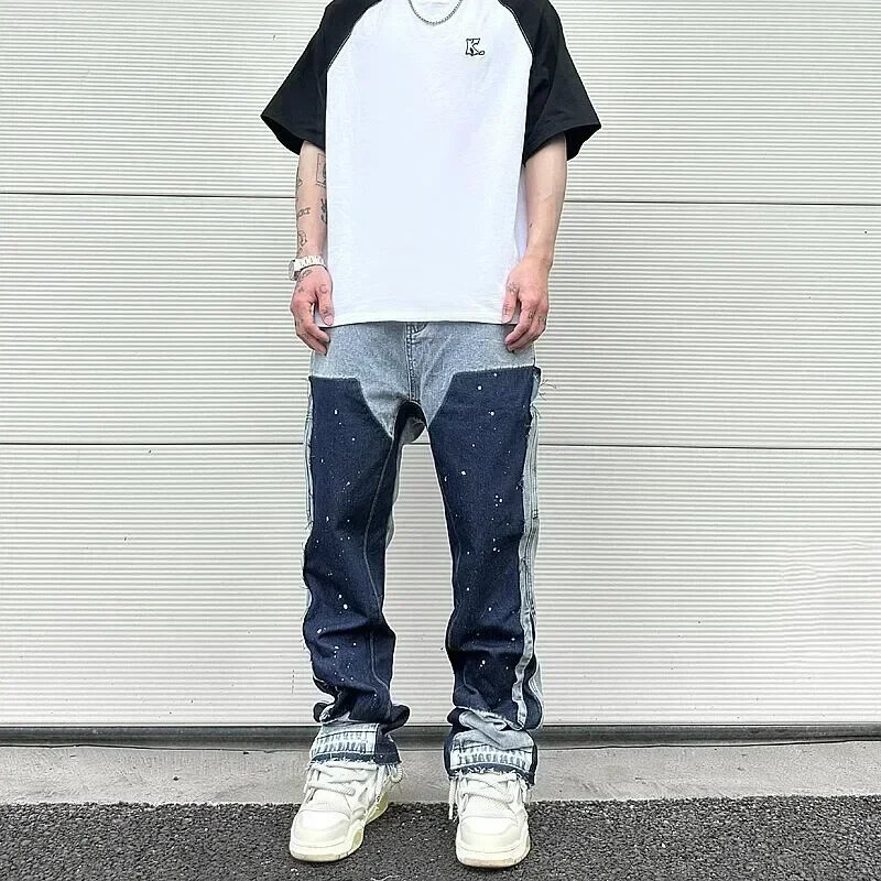 Euroopa / Ameerika retro trendikad teksad tänavastiilis Ameerika bootcut püksid splaissitud tindiga teksad meespaaridele