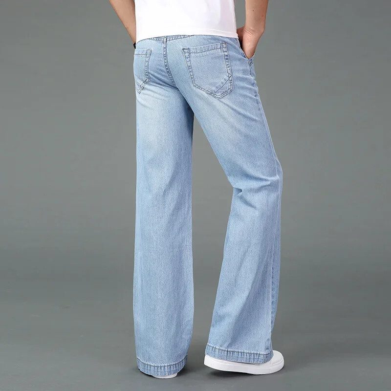 Uued meeste 2024. aasta suve õhukesed, kerged, laia säärega sirged teksad, suured ärilised vabaaja püksid, must sinine kõrge vöökoht