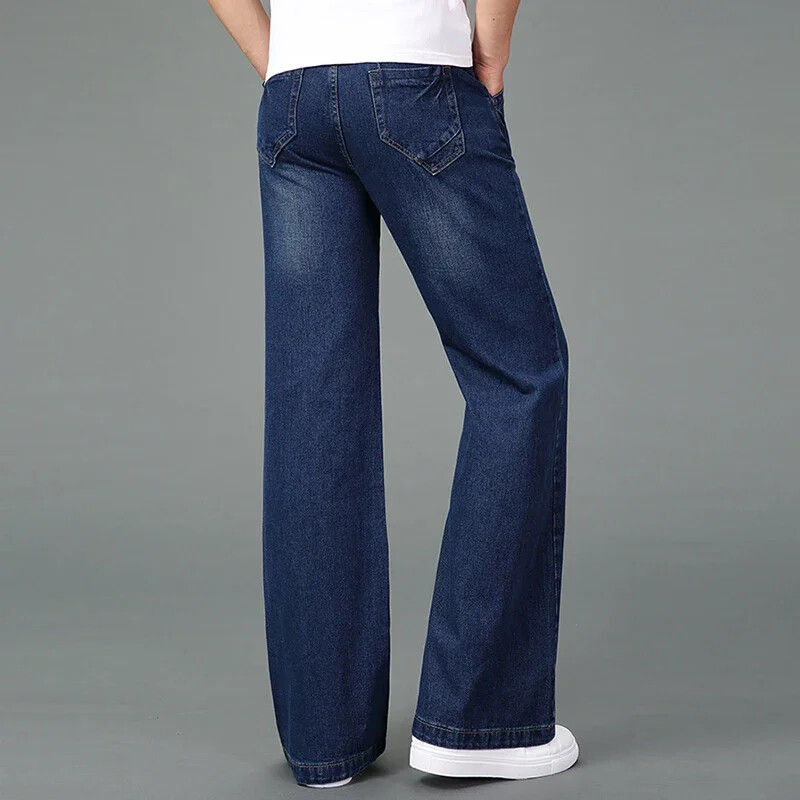 Uued meeste 2024. aasta suve õhukesed, kerged, laia säärega sirged teksad, suured ärilised vabaaja püksid, must sinine kõrge vöökoht