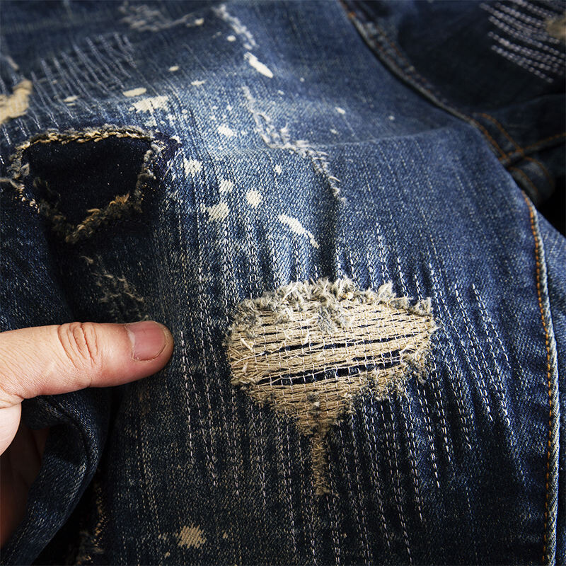 Džinsai vyrams Apkarpytos smailėjančios vyriškos kaubojiškos kelnės su skylutėmis Kelnės Sulaužytos Plyšusios 90-ųjų Gatvės drabužiai 2 tūkst. 2000 m. laisvalaikio