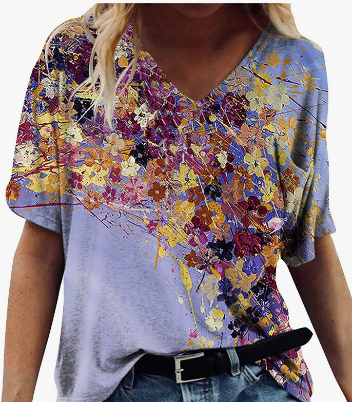 V stoties megztinis 2021 Gėlių rašto marškinėliai europietiški ir amerikietiški vasaros trumpomis rankovėmis apykaklės spauda linki nepriklausomos moteriškos mados