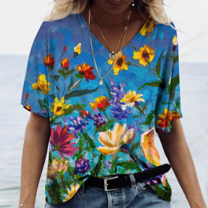 V stoties megztinis 2021 Gėlių rašto marškinėliai europietiški ir amerikietiški vasaros trumpomis rankovėmis apykaklės spauda linki nepriklausomos moteriškos mados