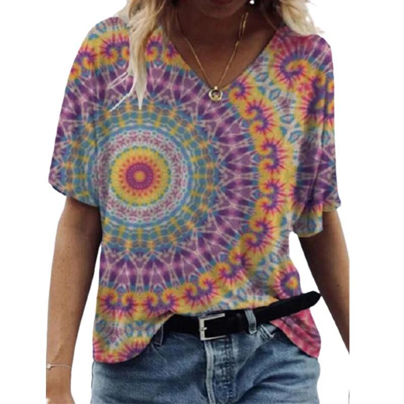 V stoties megztinis 2021 Gėlių rašto marškinėliai europietiški ir amerikietiški vasaros trumpomis rankovėmis apykaklės spauda linki nepriklausomos moteriškos mados