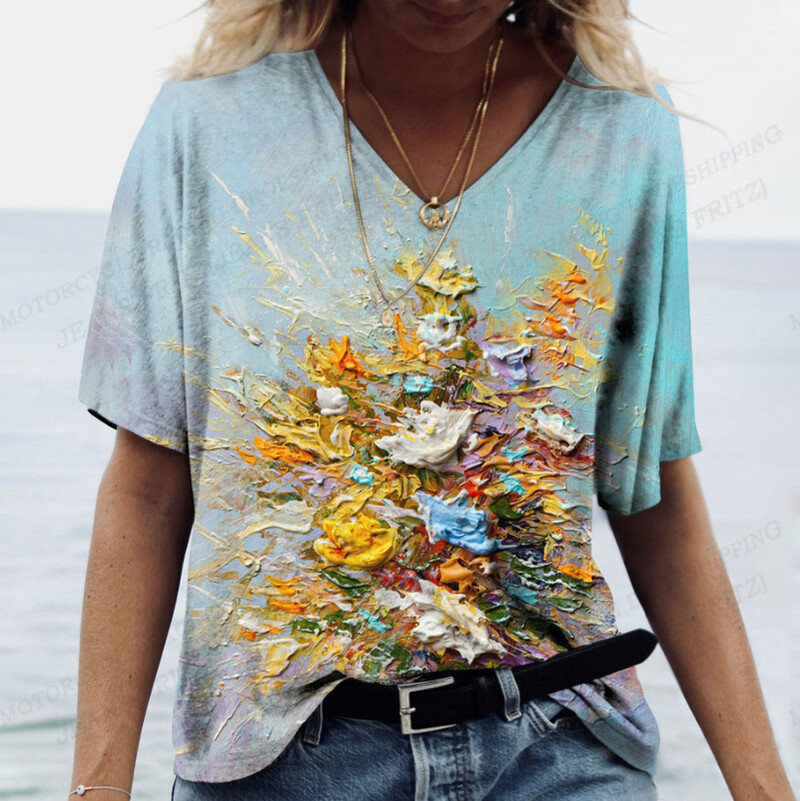 V stoties megztinis 2021 Gėlių rašto marškinėliai europietiški ir amerikietiški vasaros trumpomis rankovėmis apykaklės spauda linki nepriklausomos moteriškos mados