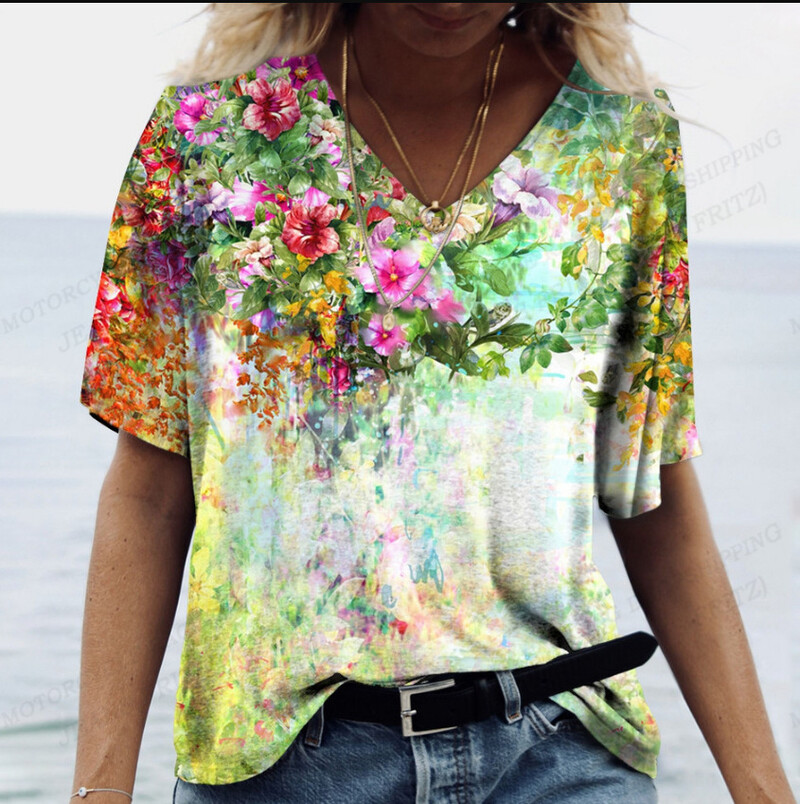 V stoties megztinis 2021 Gėlių rašto marškinėliai europietiški ir amerikietiški vasaros trumpomis rankovėmis apykaklės spauda linki nepriklausomos moteriškos mados