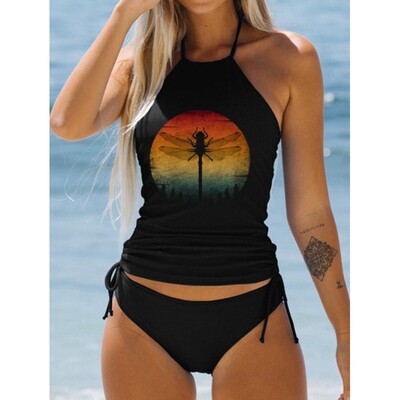 Suvine uus kõrge elastne bikiinikomplekt, 3D kookospähklipuu prindiga kaheosaline pitsiline komplekt, seksikas naiste rannaujumistrikoo S-6XL