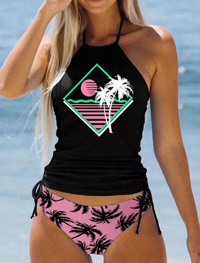 Suvine uus kõrge elastne bikiinikomplekt, 3D kookospähklipuu prindiga kaheosaline pitsiline komplekt, seksikas naiste rannaujumistrikoo S-6XL