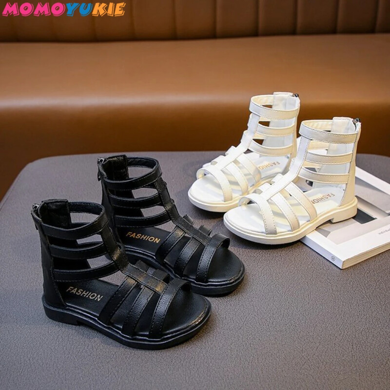 Tüdrukute sandaalid 2022, suvised lapsed Gladiaatori sandaalid saapad Roma kingad Kitsas riba printsessi kingad lapsele, must valge