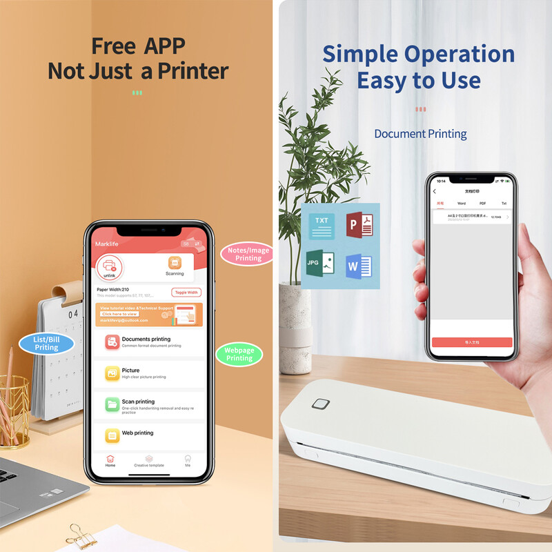 A4-es hordozható hőnyomtató Vezeték nélküli nyomtató PDF Weboldal Szerződés Képnyomtatók Hőpapír Nincs szükség tintára vagy tonerre az irodába