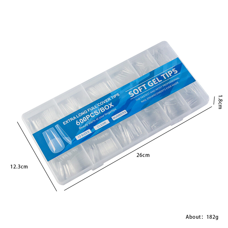 600 бр. Пълно покритие Преса върху върховете на ноктите Stiletto Almond Square Coffin Френски фалшив фалшив Soak Off Гел за удължаване на ноктите Капсула