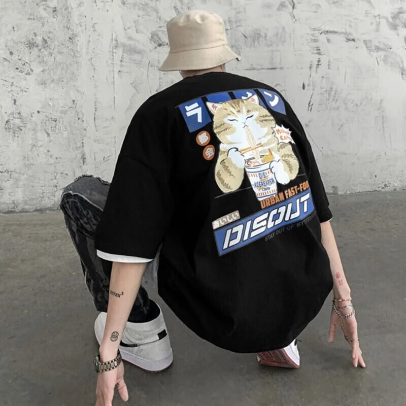 100% puuvillased meeste T-särgid Jaapani stiilis kass-anime graafilised topid lühikeste varrukatega suvised ülisuured riided O-kaelusega meeste särgid