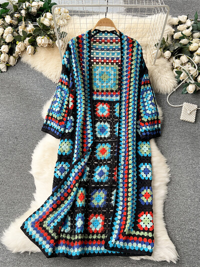 SINGREINY Cardigan lung tricot de vară, elegant, cu mânecă lungă, cu cârlig, design retro, pentru damă, ocazional, pulover, rochii largi de plajă