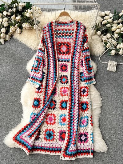 SINGREINY Cardigan lung tricot de vară, elegant, cu mânecă lungă, cu cârlig, design retro, pentru damă, ocazional, pulover, rochii largi de plajă