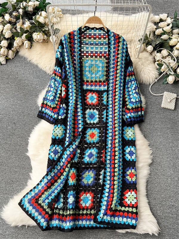 SINGREINY Cardigan lung tricot de vară, elegant, cu mânecă lungă, cu cârlig, design retro, pentru damă, ocazional, pulover, rochii largi de plajă