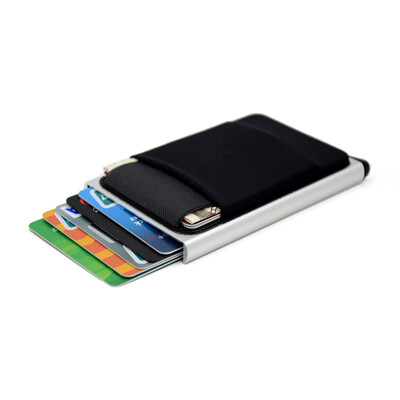 YUECIMIE Тънък алуминиев портфейл с еластична задна торбичка ID държач за кредитна карта Mini RFID портфейл Автоматично изскачащ калъф за банкова карта