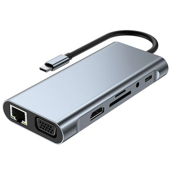 11-в-1 Type-c USB 3.0 хъб Многопортова докинг станция за лаптоп Тип C към 4K HDMI VGA PD RJ45 100M Gigabit NIC адаптер