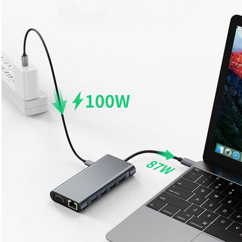 11-σε-1 Type-c USB 3.0 Hub σταθμός σύνδεσης φορητού υπολογιστή πολλαπλών θυρών Τύπος C σε 4K HDMI VGA PD RJ45 100M Gigabit NIC