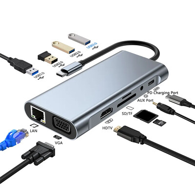 11-σε-1 Type-c USB 3.0 Hub σταθμός σύνδεσης φορητού υπολογιστή πολλαπλών θυρών Τύπος C σε 4K HDMI VGA PD RJ45 100M Gigabit NIC