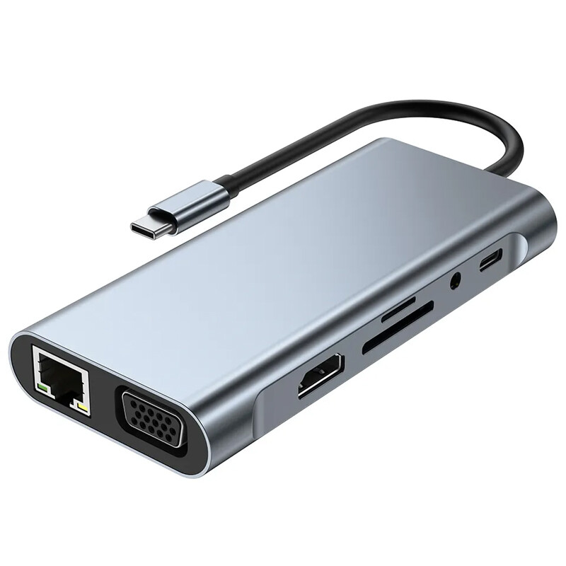 11-ühes C-tüüpi USB 3.0 jaoturi mitme pordiga sülearvuti dokkimisjaam C-tüüpi kuni 4K HDMI VGA PD RJ45 100M Gigabit NIC-adapter