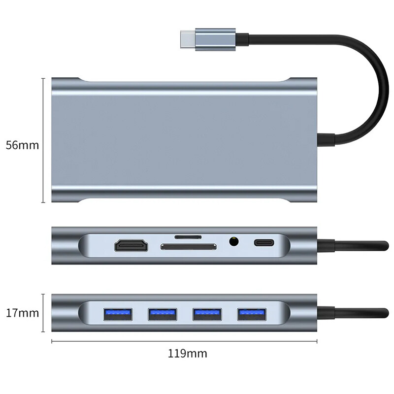 11-ühes C-tüüpi USB 3.0 jaoturi mitme pordiga sülearvuti dokkimisjaam C-tüüpi kuni 4K HDMI VGA PD RJ45 100M Gigabit NIC-adapter