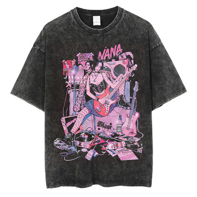 Japán anime Nana Osaki Print Vintage mosott póló Harajuku Streetwear Grafikus póló nyári rövid ujjú pamut póló