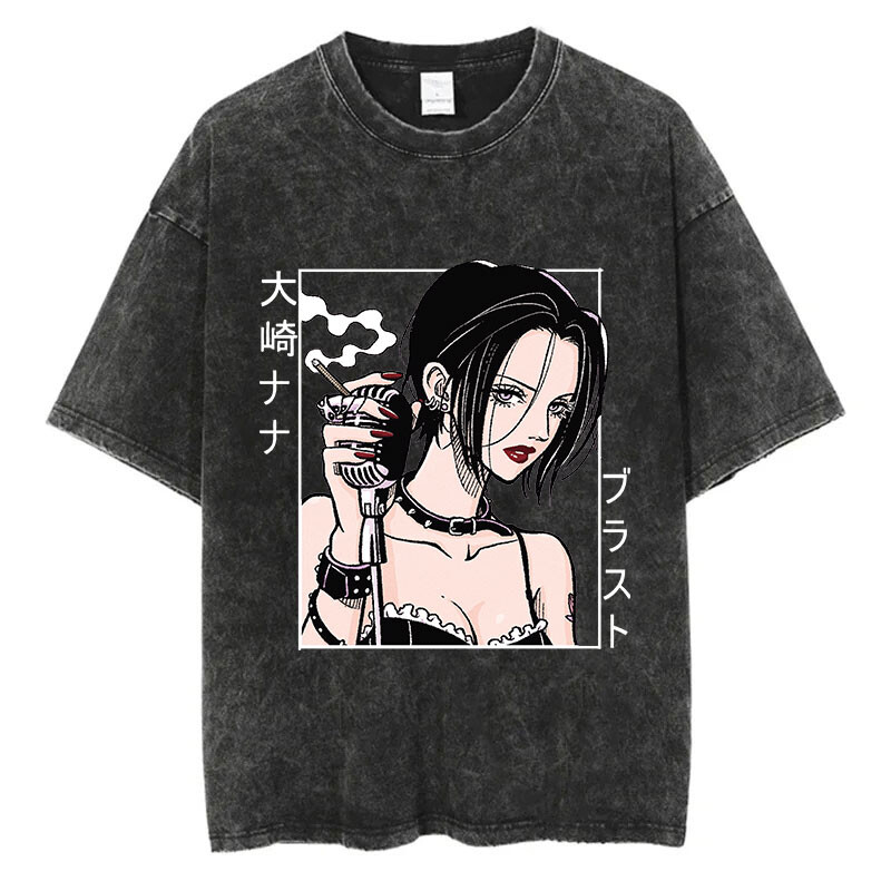 Japonijos anime Nana Osaki Print Vintage skalbti marškinėliai Harajuku Streetwear grafiniai marškinėliai vasaros trumpomis rankovėmis medvilniniai marškinėliai