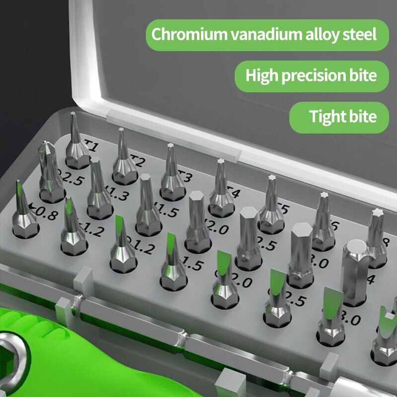 32-ühes multifunktsionaalse kruvikeeraja kombinatsiooniga kodumajapidamises kasutatava ristmagnetilise täppiskruvikeeraja komplekti hooldustööriist
