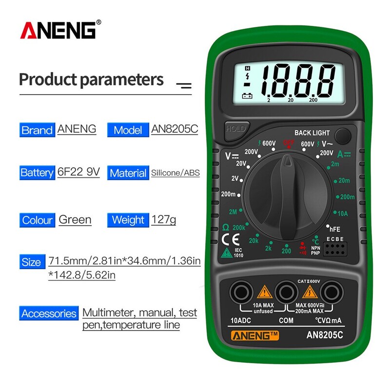 ANENG AN8205C digitaalne multimeeter AC/DC ampermeeter Volt Ohm Multimetro Tester termopaar LCD taustvalgustusega kaasaskantav