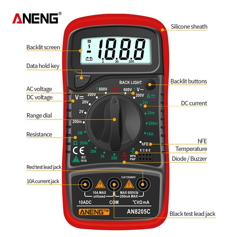 ANENG AN8205C digitaalne multimeeter AC/DC ampermeeter Volt Ohm Multimetro Tester termopaar LCD taustvalgustusega kaasaskantav