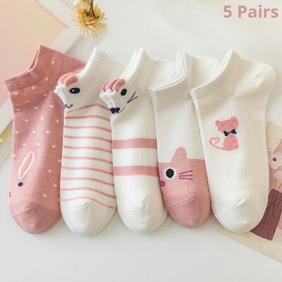 5 чифта дамски къси тръбни чорапи Pink Cat Thin Four Seasons Cute Boat Sockslow Top Ins Trendy Socks