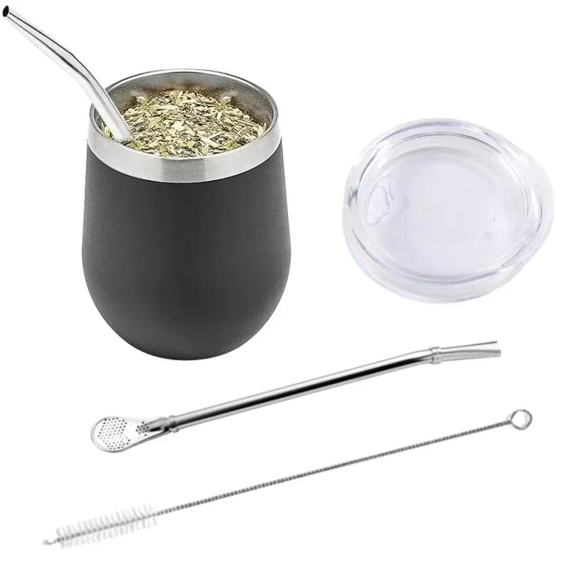Set de tărtăcuță Yerba Mate cu perete dublu din oțel inoxidabil, ceașcă de ceai și setul de bombilla, include tărtăcuță de Yerba Mate (cană) cu o bombă
