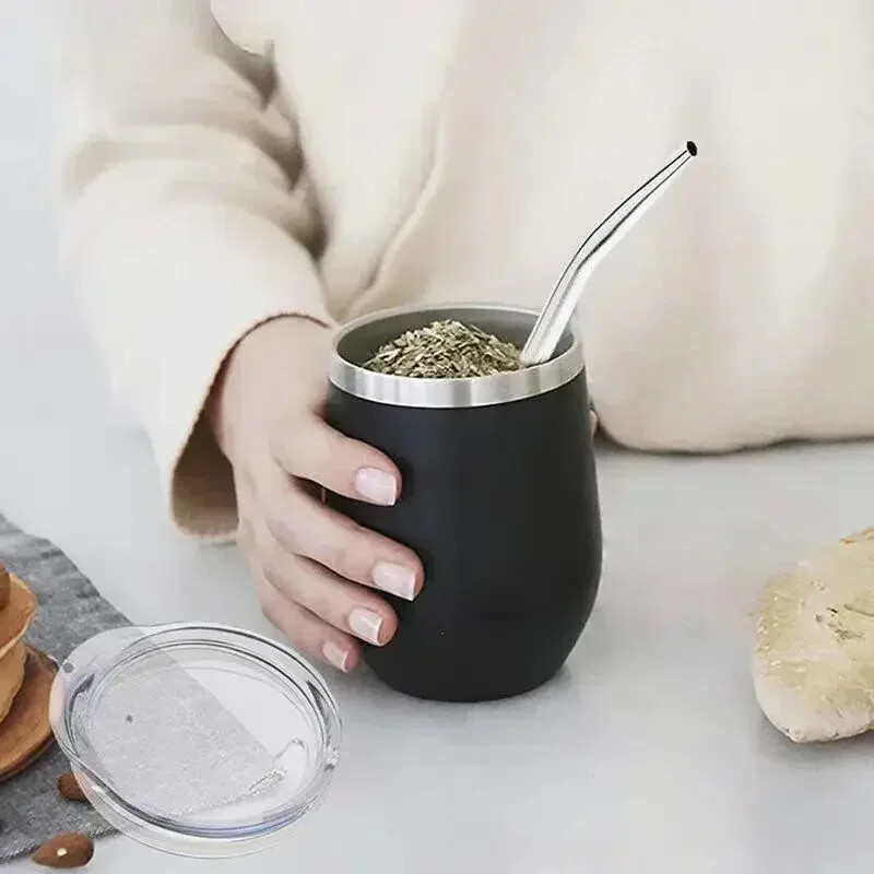 Set de tărtăcuță Yerba Mate cu perete dublu din oțel inoxidabil, ceașcă de ceai și setul de bombilla, include tărtăcuță de Yerba Mate (cană) cu o bombă