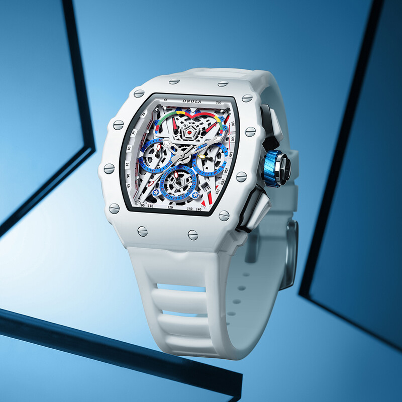 Prabangus vyriškas laikrodis ONOLA Fashion kasdienis daugiafunkcis silikoninės juostos vandeniui atsparus kvarcinis laikrodis baltas