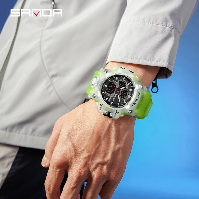 SANDA 6198 Moodne jahe öövalgusti kahe ekraaniga multifunktsionaalne välispordi veekindel meeste elektrooniline käekell