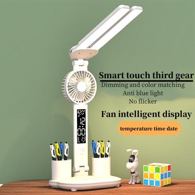Divu galviņu apgaismojuma LED ventilators Plug-in Radio gaismas ventilators Pārnēsājams guļamistabas dzesēšanai Acu aizsardzības studiju koledžas galda lampa