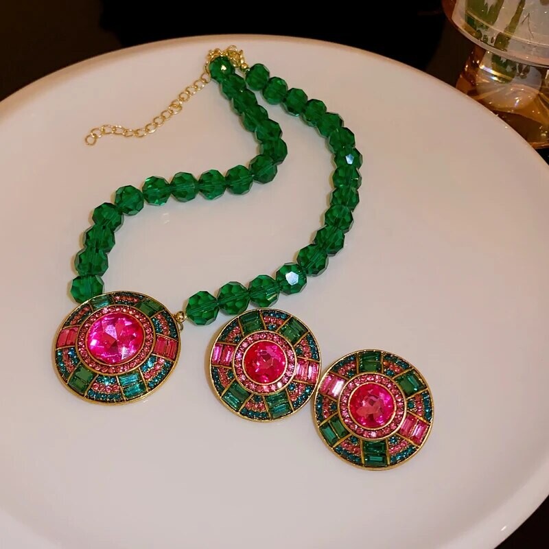 Žalios briaunos krištolo grandinės karoliai, geometriniai apvalūs pakabukai, kaklo papuošalai, auskarai, papuošalų rinkinys Kalnų krištolo karoliai vakarėliui