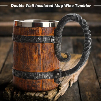 Viking Wood Style Beer Mug Simulation Wooden Barrel Beer Cup Κούπα διπλού τοίχου Μεταλλική μόνωση 1 τεμ.