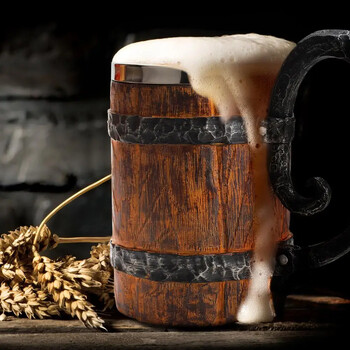 Viking Wood Style Beer Mug Simulation Wooden Barrel Beer Cup Κούπα διπλού τοίχου Μεταλλική μόνωση 1 τεμ.