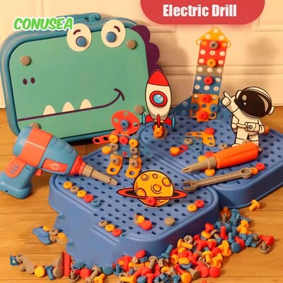 Set de instrumente pentru jucării pentru copii, burghiu electric, șurub, piuliță, puzzle 3D, jocuri de prefă, foraj cu dinozaur, asamblare, jucării educaționale pentru băieți