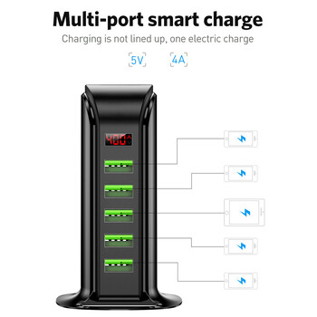 USLION 5 Multi Port USB Charger Hub за мобилен телефон EU UK US Plug LED дисплей USB зареждане Настолна станция Докинг зарядни устройства