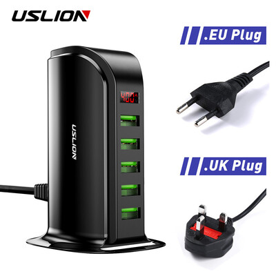 USLION 5 vairāku pieslēgvietu USB lādētāja centrmezgls mobilajam tālrunim EU UK ASV spraudnis LED displejs USB uzlādes galddatoru stacijas dokstacijas lādētāji