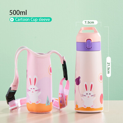 GIANXI Kids nerūdijančio plieno šiaudų termoso puodelis su dėklu Animacinių filmų nepralaidi vakuuminė kolba Vaikų terminio vandens butelio termopudelis