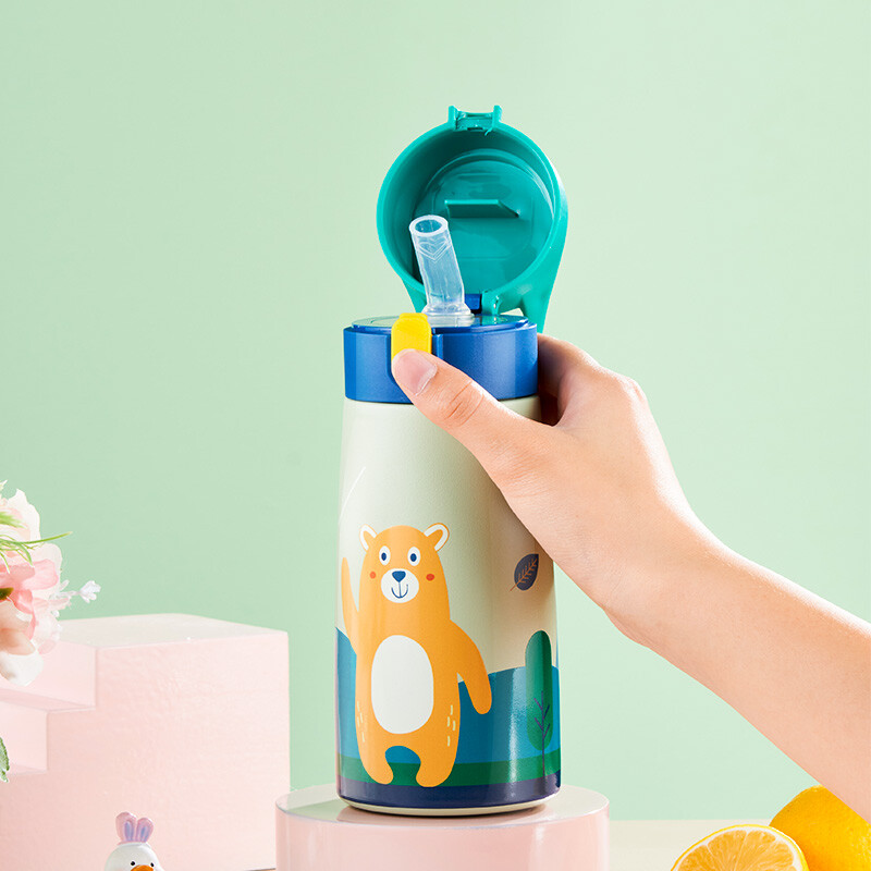 GIANXI Kids nerūdijančio plieno šiaudų termoso puodelis su dėklu Animacinių filmų nepralaidi vakuuminė kolba Vaikų terminio vandens butelio termopudelis