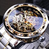Ανδρικό ρολόι καρπού Mechanical Skeleton 1τμχ Ασημένιο Exquisite Diamond Gear Movement Business Luxury Δώρο