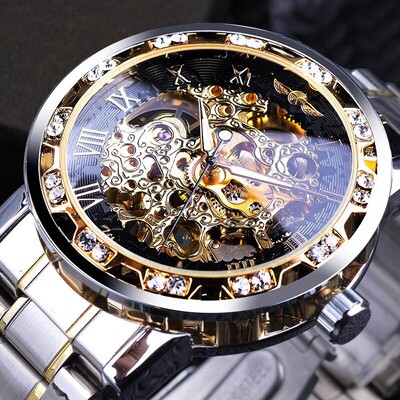 Ανδρικό ρολόι καρπού Mechanical Skeleton 1τμχ Ασημένιο Exquisite Diamond Gear Movement Business Luxury Δώρο