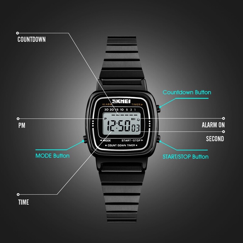 Skmei Πολυτελές ρολόι από ανοξείδωτο ατσάλι Αντίστροφη μέτρηση Γυναικείο Μόδα Γυναικείο Αθλητικό Ρολόι χειρός Αδιάβροχο Μικρό καντράν Chrono Ψηφιακό ρολόι