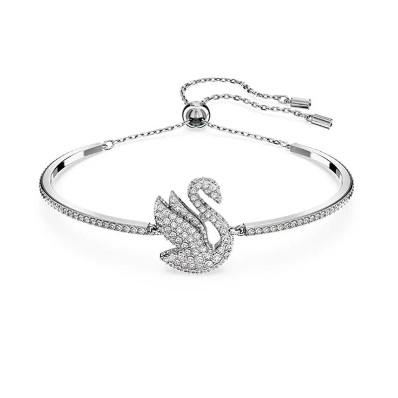 Karštai parduodama gulbės rašto pakabuko apyrankė su gulbe, inkrustuota smulkiais deimantais ir reguliuojamu dydžiu