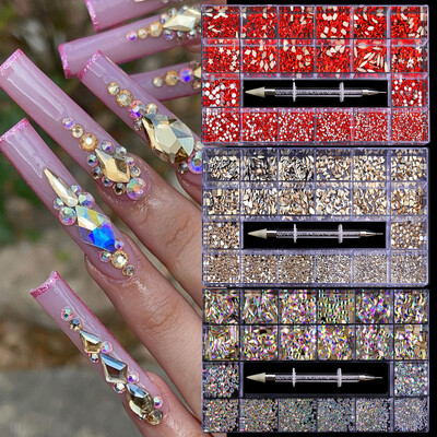 Șampanie roșie Sticlă Cristal Diamante Stras plat Decor Nail Art Cutie cu 21 grilaj Accesorii pentru unghii Set cu 1 stilou pentru ridicare