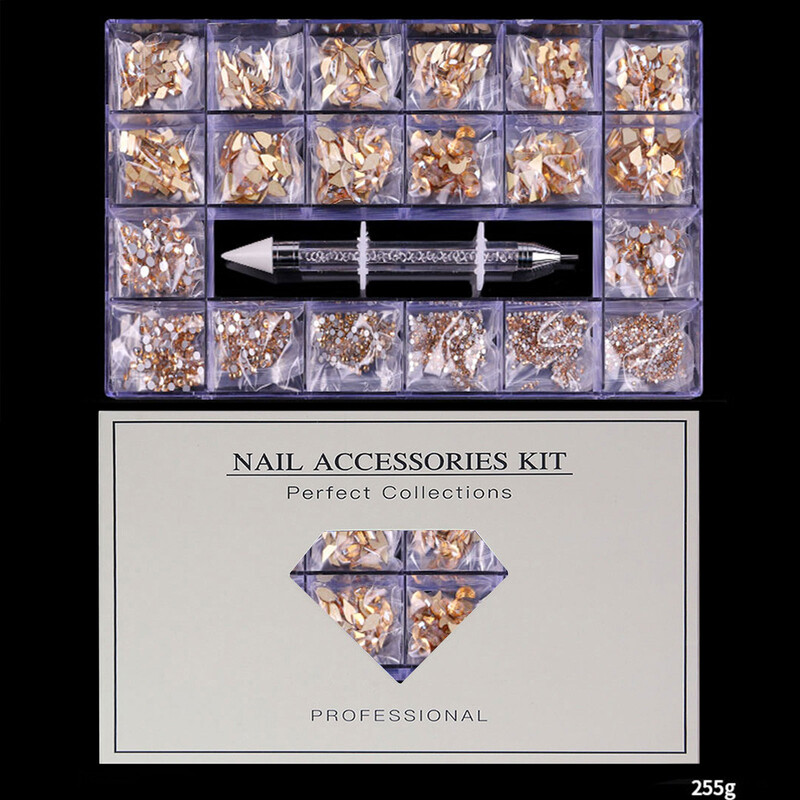 raudonas šampanas, stiklas, krištolinis deimantas, plokščias kalnų krištolas, nagų dailė, 21 tinklelio dėžutė, nagų priedų rinkinys su 1 rašikliu